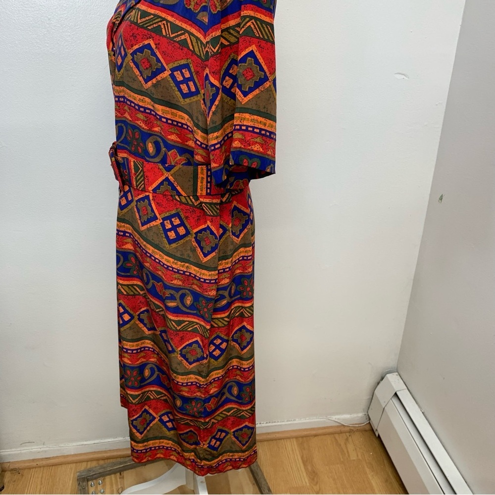 Vintage 90s Silk Dress 10 Button Front Belt Southwest Print Shift Lightweight - Picture 2 of 8
